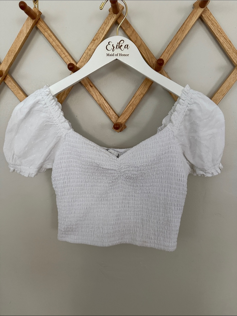 Hollister Womens Small White Smocked Puff Sleeve Crop Top Cottagecore